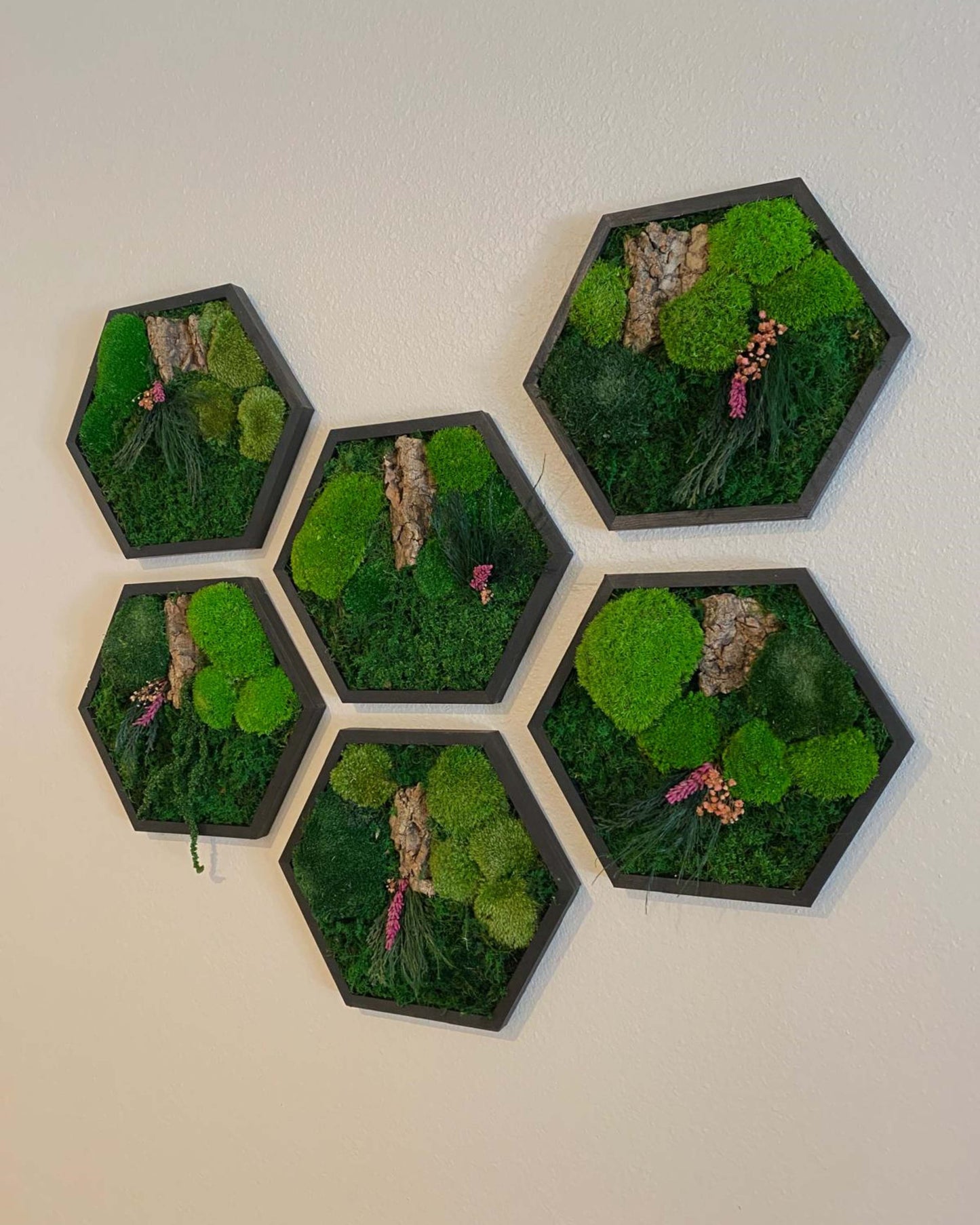 Hexagon Black Wood Wall Moss Art