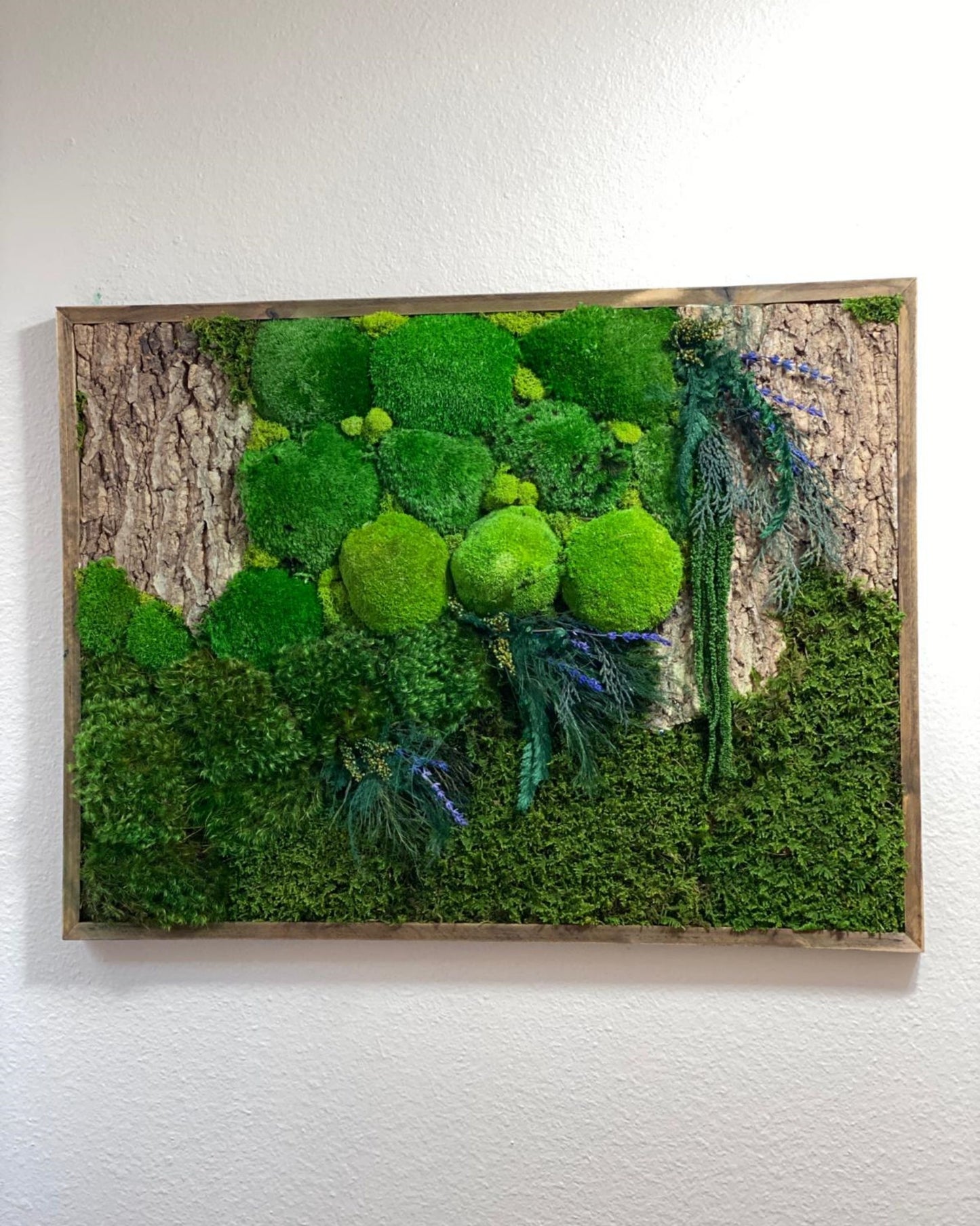 Natural Wood Moss Wall Art with Blue Lavender Flowers