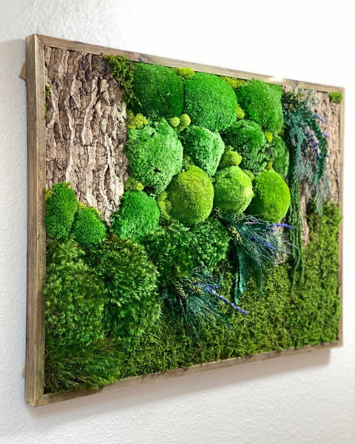 Natural Wood Moss Wall Art with Blue Lavender Flowers