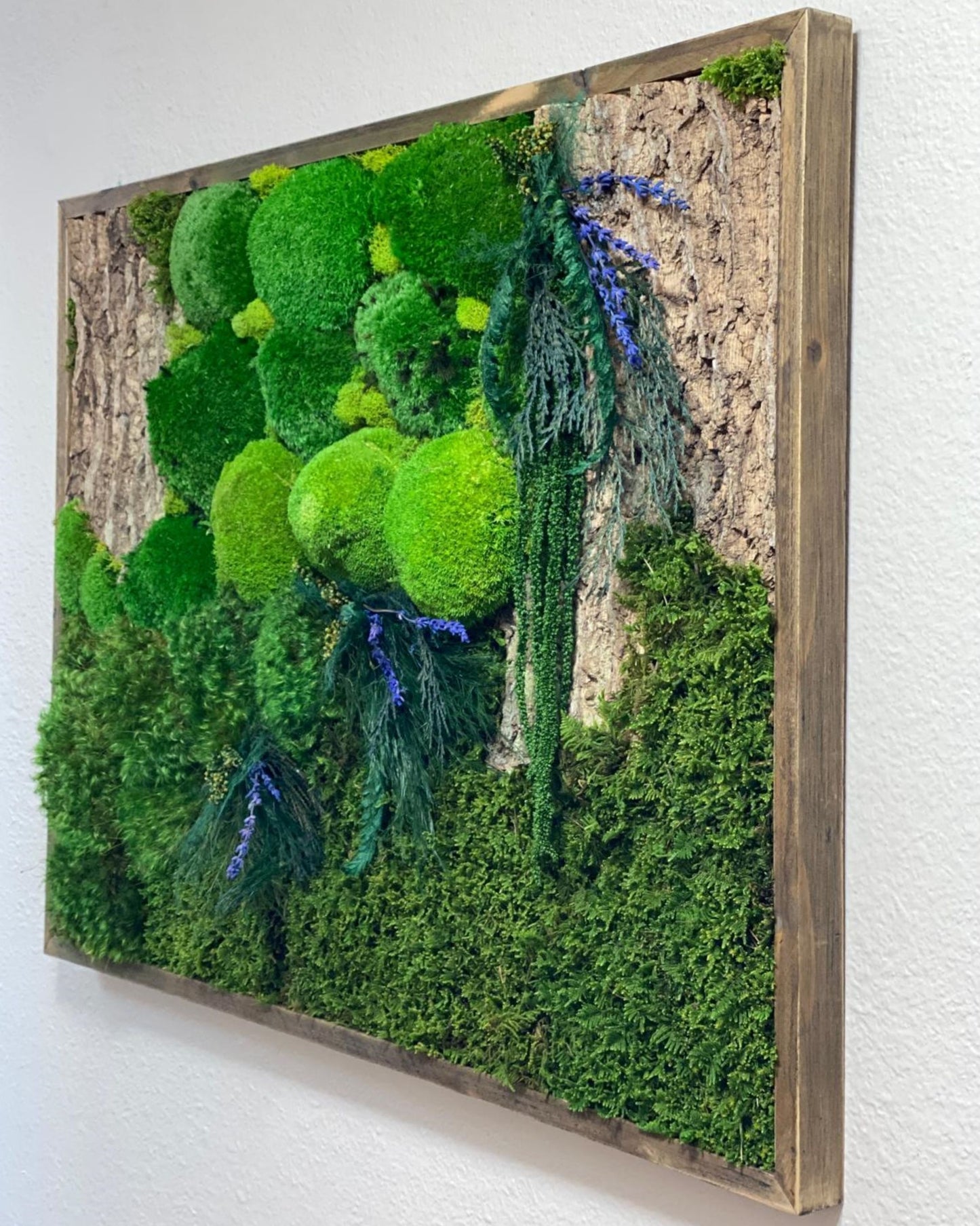 Natural Wood Moss Wall Art with Blue Lavender Flowers