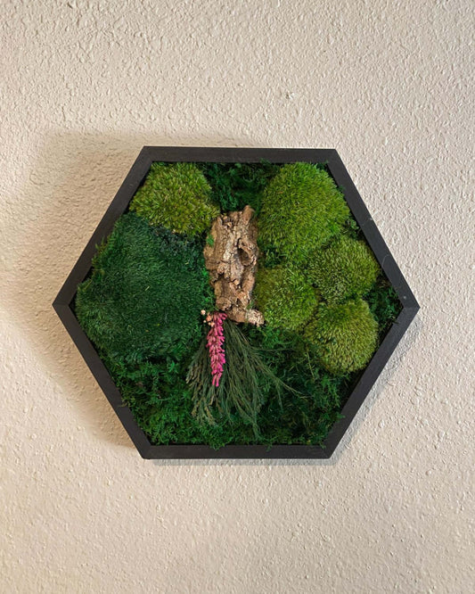 Hexagon Black Wood Wall Moss Art