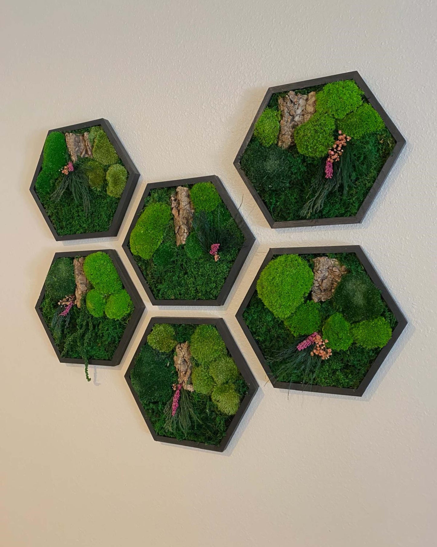 Hexagon Black Wood Wall Moss Art