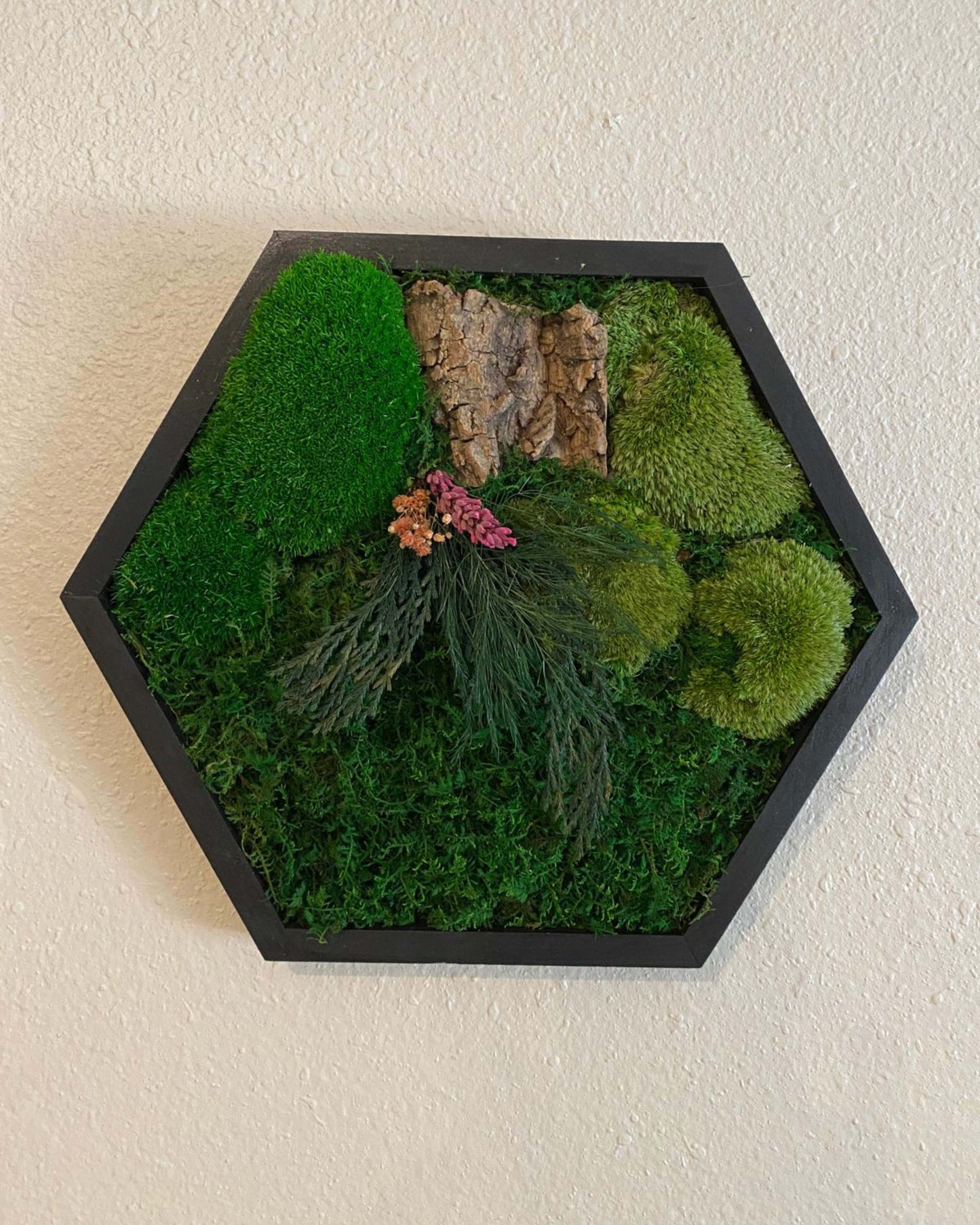 Hexagon Black Wood Wall Moss Art