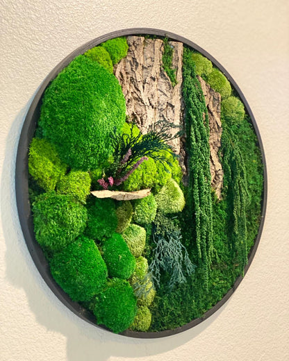 Round Black Wood Wall Moss Art