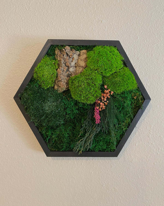 Hexagon Black Wood Wall Moss Art