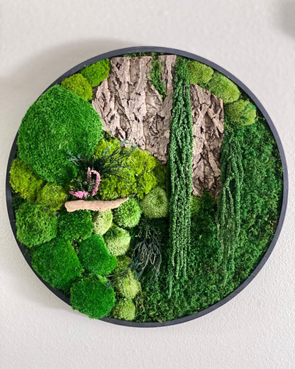 Round Black Wood Wall Moss Art