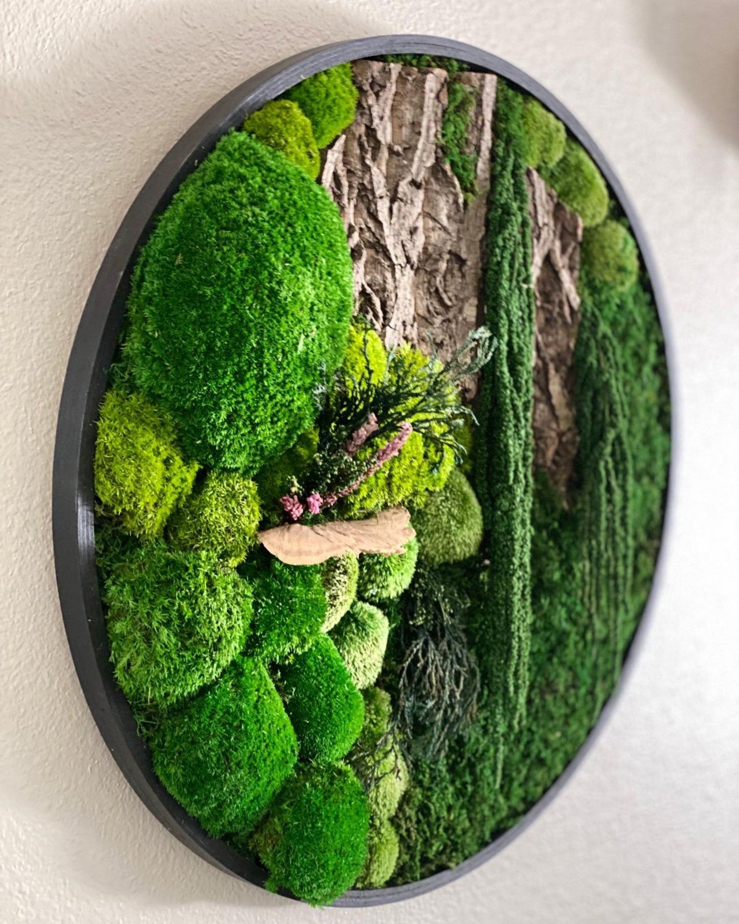 Round Black Wood Wall Moss Art